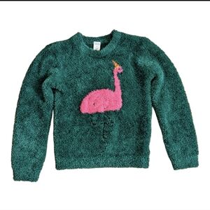 Harper Canyon Girls 5 High Pile Sherpa Fleece Green Party Flamingo Print Sweater